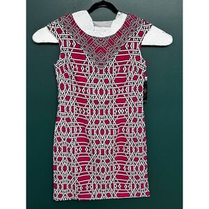 ILE New York Pink White Geometric Tribal Print Cap Sleeve Sheath Dress Size 10